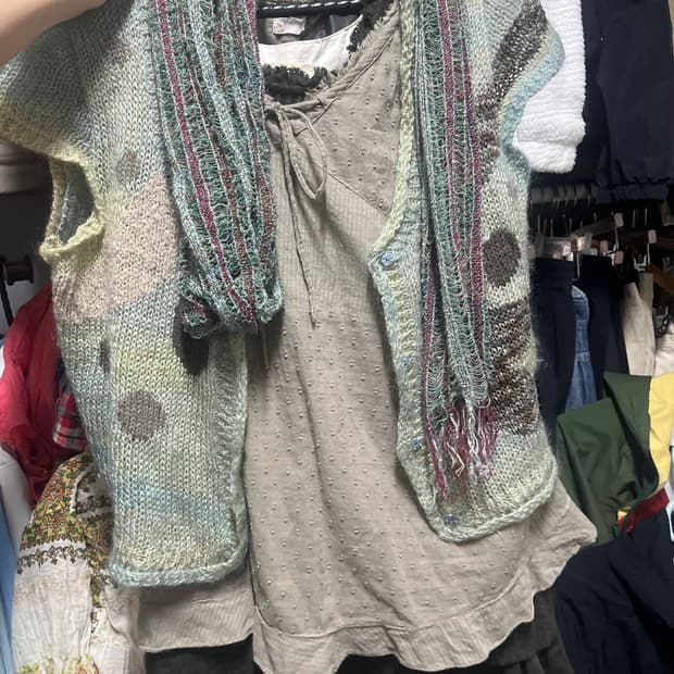 빈티지 나시+조끼+머플러+치마 세트