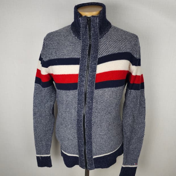 타미힐피거 시그니처 배색 풀집업 울 혼방 니트 가디건 남자95사이즈
