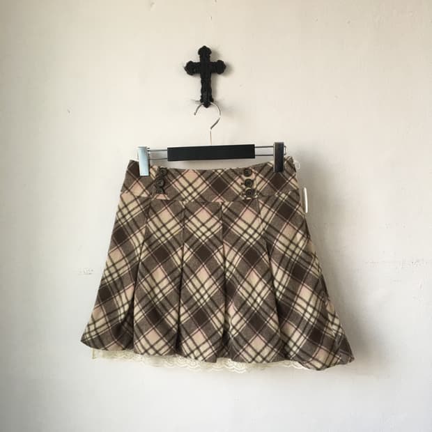 Button point check pattern pleats skirt