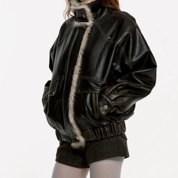 러프넥 워싱 레더 무스탕 자켓