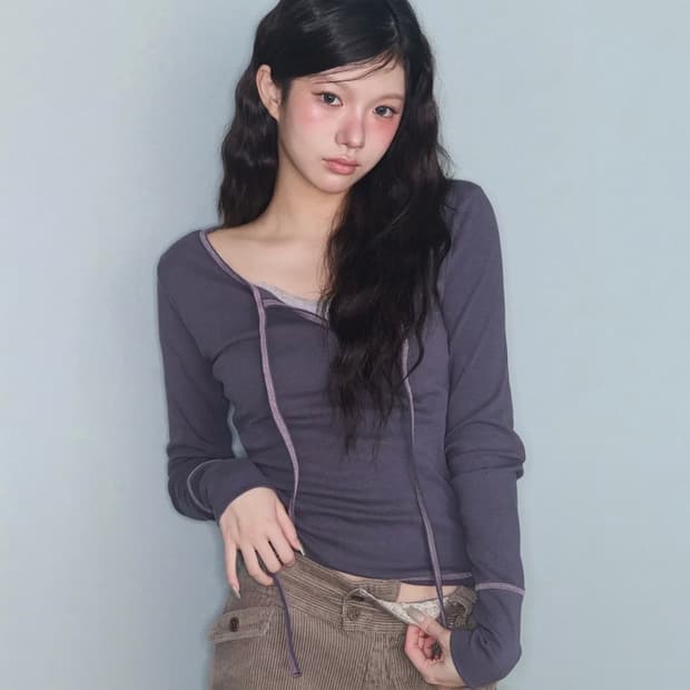 미레코 스티치 리본 긴팔 STITCH RIBBON T CHARCOAL