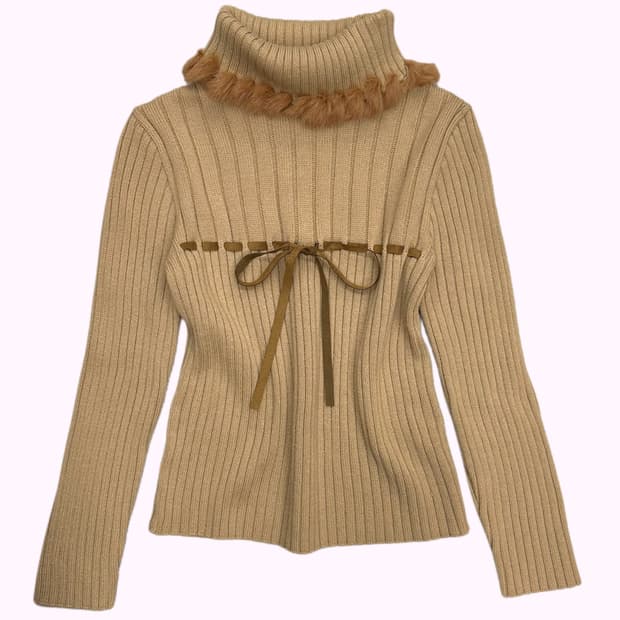 fur turtle neck lace-up ribbed knit