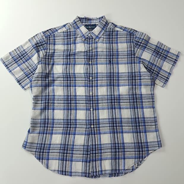 CK983 2XL 폴로 린넨 블루 마드라스 반팔 셔츠 남방