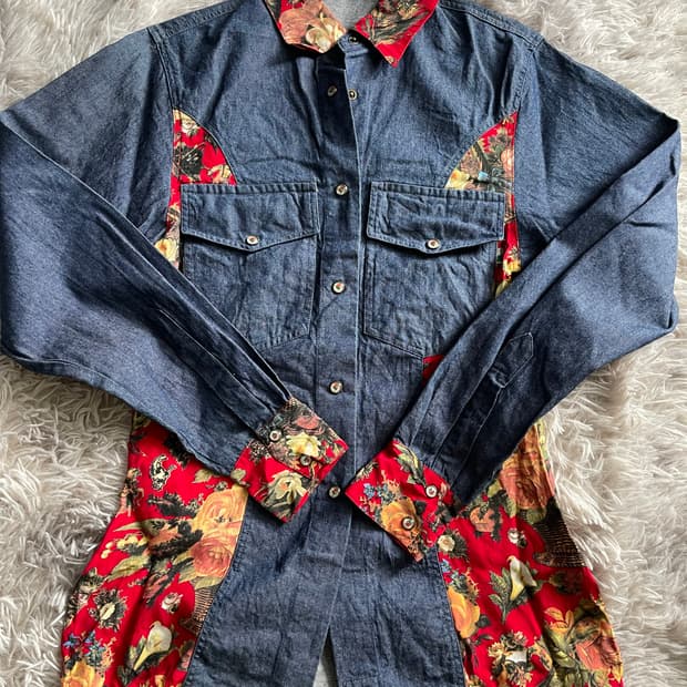 모스키노 빈티지 플라워 데님 셔츠 남방 꽃무늬 포인트