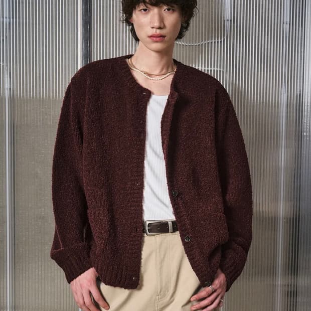 [48]엘무드 봉봉 부클 울 라운드 가디건 크랜베리