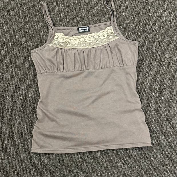 L)Japanese vintage 여성 레이스 셔링 브라운 나시