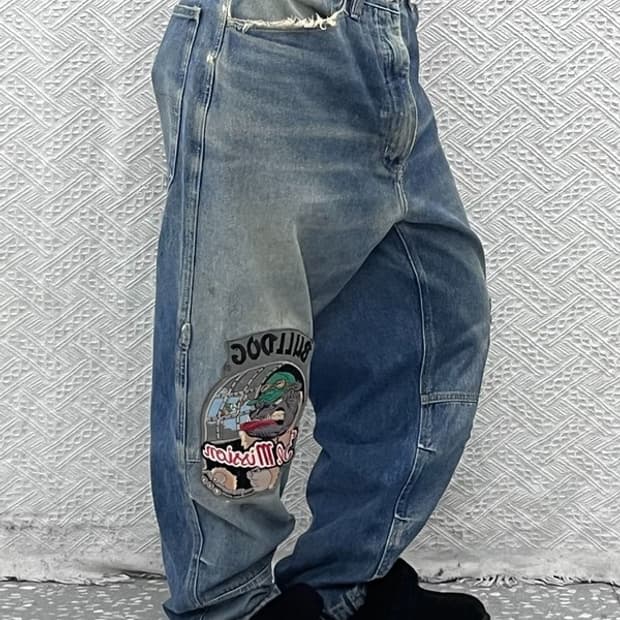 빈티지 재팬 올드스쿨 스트릿펑크 불독패치 데님팬츠 36인치 C09598