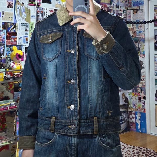 빈티지 견장 카키 배색 쉐르파 데님 자켓