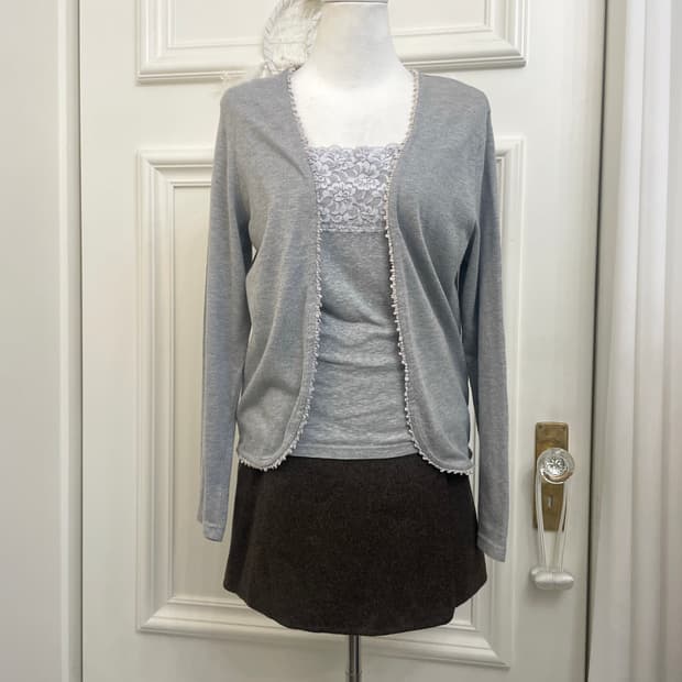 gray cotton open cardigan&lace sleeveles