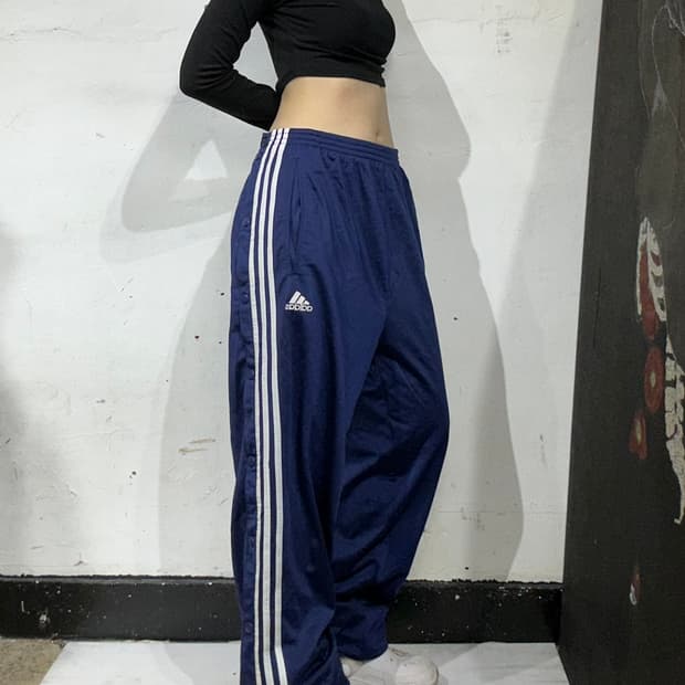 90s 아디다스 네이비 와이드 스냅 버튼 추리닝 바지 트레이닝 댄스 팬츠