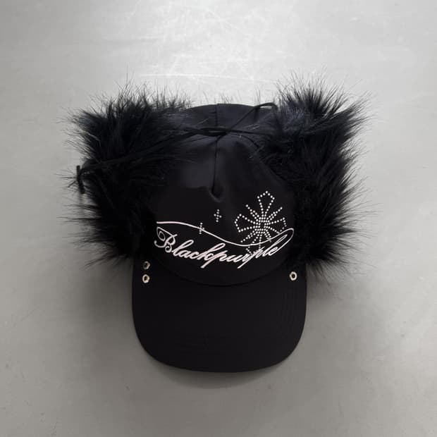 black purple fur ball cap