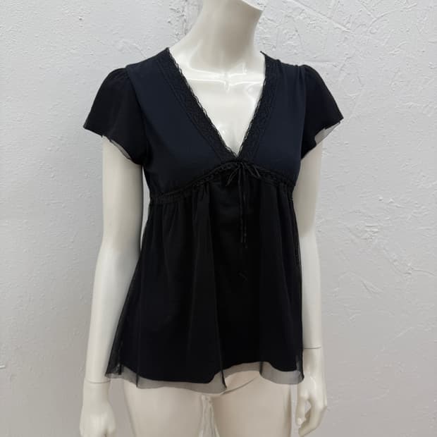 빈티지 블랙 레이스 리본 블라우스