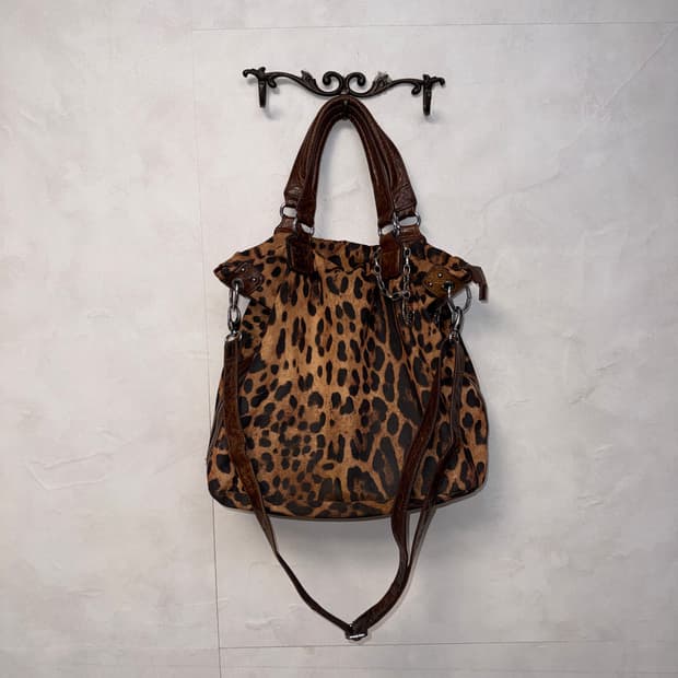 Brown leopard zipper detail two way bag