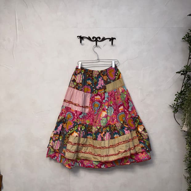 Pink kitsch bohemian patchwork skirt