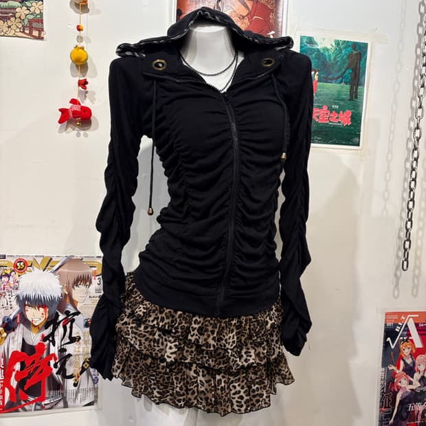 지브라 패턴 셔링 블랙 후드집업 갸루 y2k