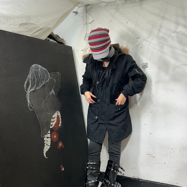 일본빈티지 RL 블랙 울프죠 성조기 자수 퍼 후드 개파카 야상 M