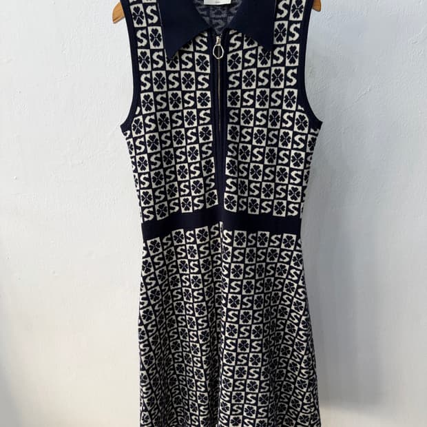 정품) 산드로 자카드 니트 원피스 네이비 38