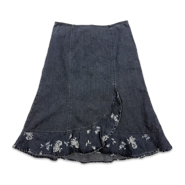 빈티지 네이비 데님 모리 프릴 미디 스커트