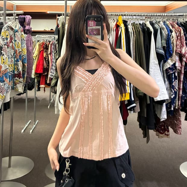M)KETTY 빈티지 여성 프릴 레이스 디테일 핑크 나시