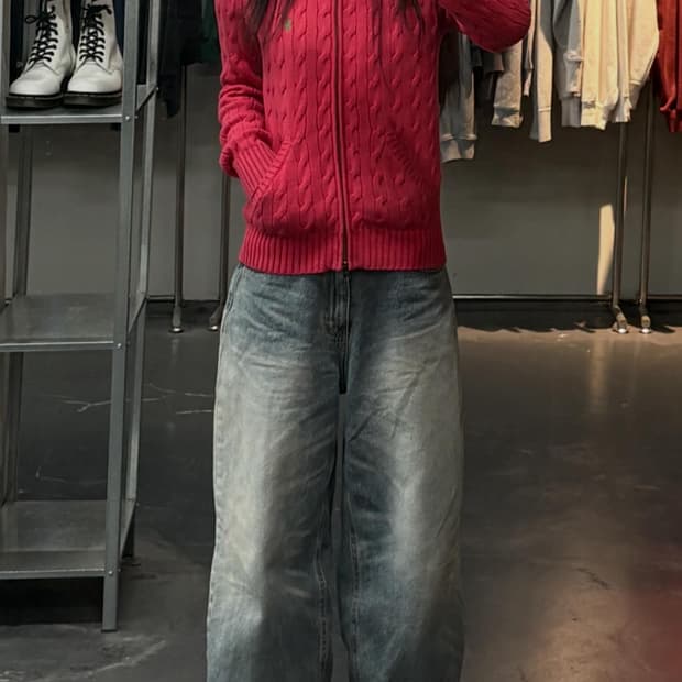 폴로랄프로렌 스포츠 포니로고 핑크 니트 코튼 풀집 후드 A3770