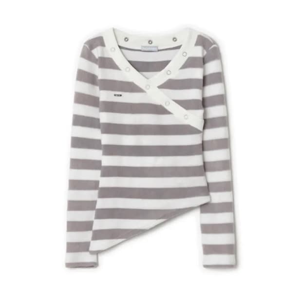 허그유어스킨 스트라이프 브이넥 니트 탑 화이트 퍼플