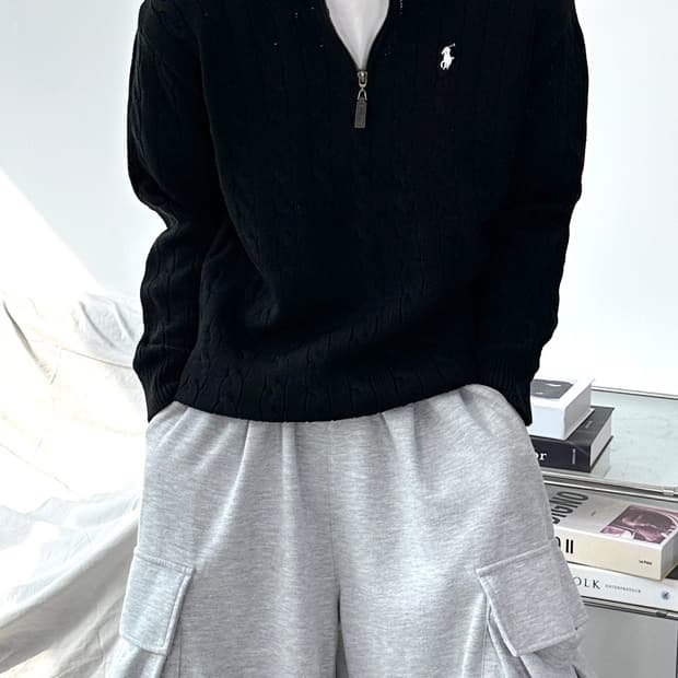 폴로 랄프로렌 블랙 케이블 니트 하프집업 L