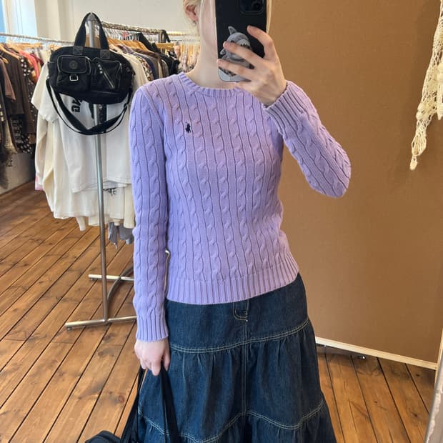 폴로 퍼플 꽈배기 니트