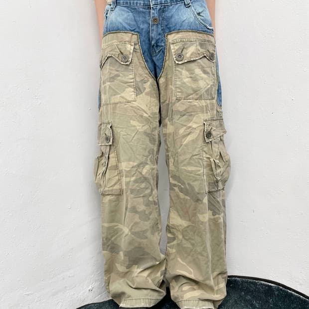 데님 카모 그런지 포켓 카고팬츠 