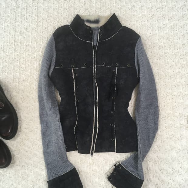 일본빈티지 아일렛 니트 무스탕 집업