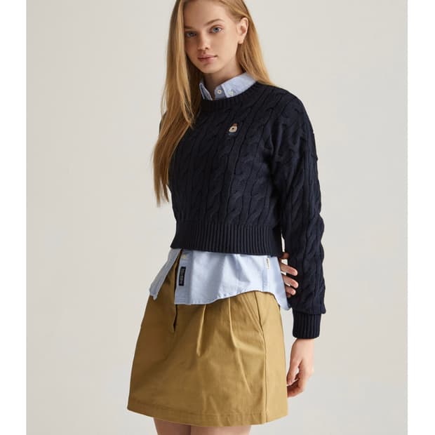 [Who A U]네이비 케이블 크롭 니트(M,면100%,컨디션상)