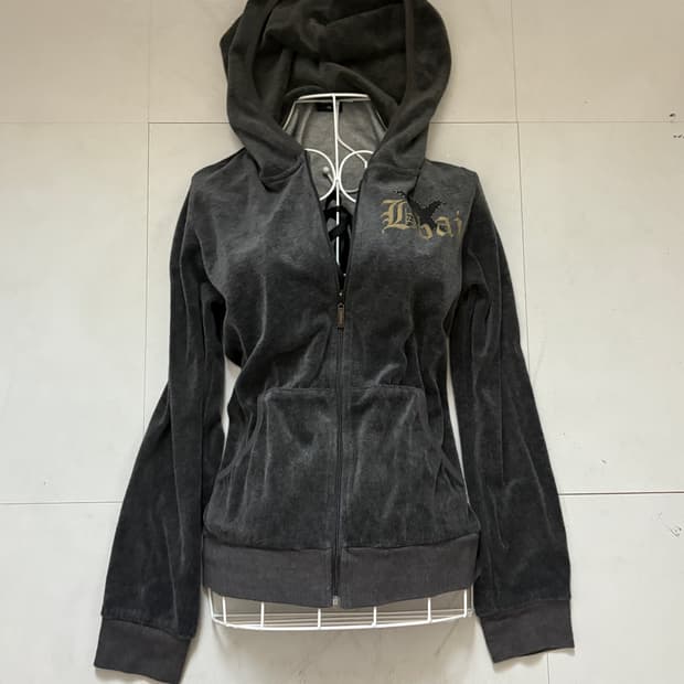 • Bang Bang Gray Velvet Hooded Zip-Up