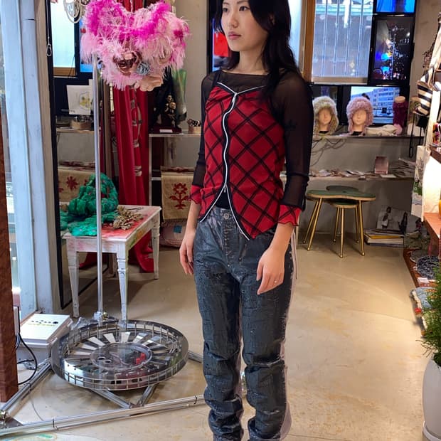 Vintage 체크 레이어드 지퍼 탑