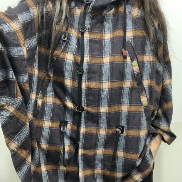 (빈티지)타탄체크 후드 케이프