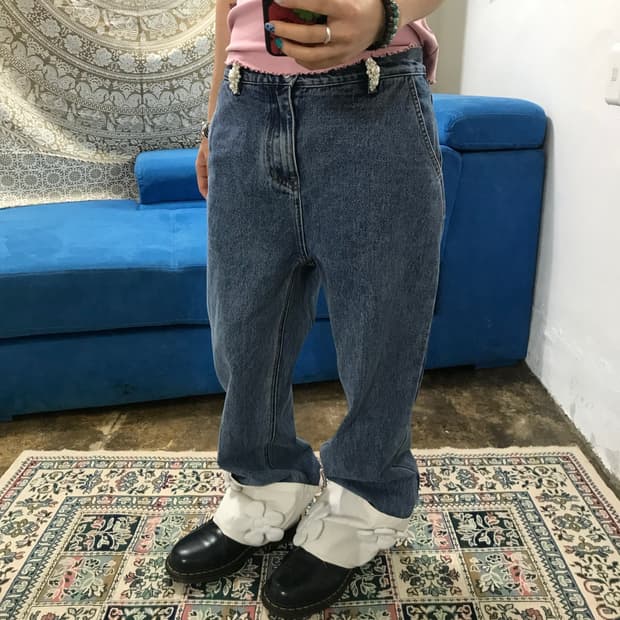 빈티지 진주 디테일 롤업 데님팬츠 (Z1386)