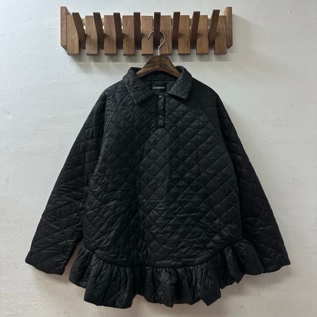 일본빈티지 블랙 패딩 퀼팅 프릴 블라우스 미니 원피스