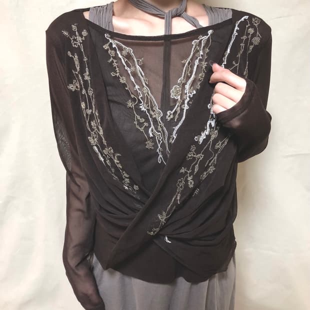 Hiroko Bis 메쉬 드레이프 롱슬리브