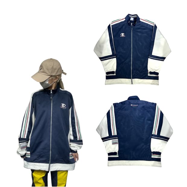 챔피온 네이비 화이트 오버핏 트랙탑 져지 L