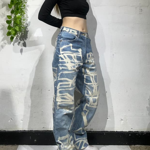 리 그래피티 프린팅 와이드 연청 데님 팬츠 청바지 