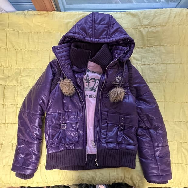 퍼플 유광 폼폼 패딩 갸루 펑크 투지퍼 벨트 버클