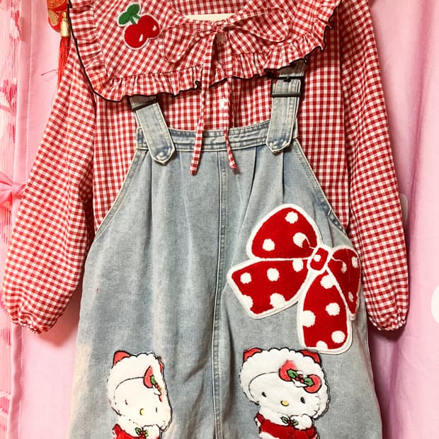 키티 블라우스+데님 오버롤 셋업