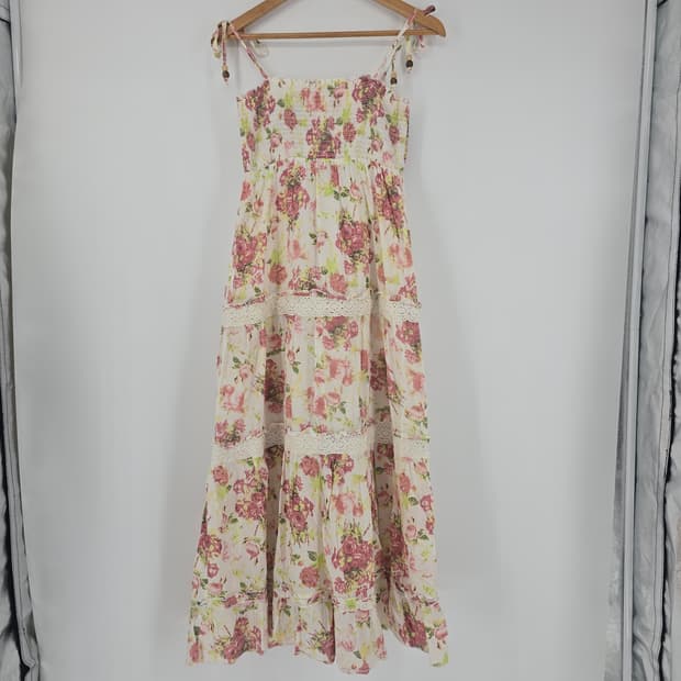 플라워 코튼 롱 원피스 캉캉 레이스 끈나시