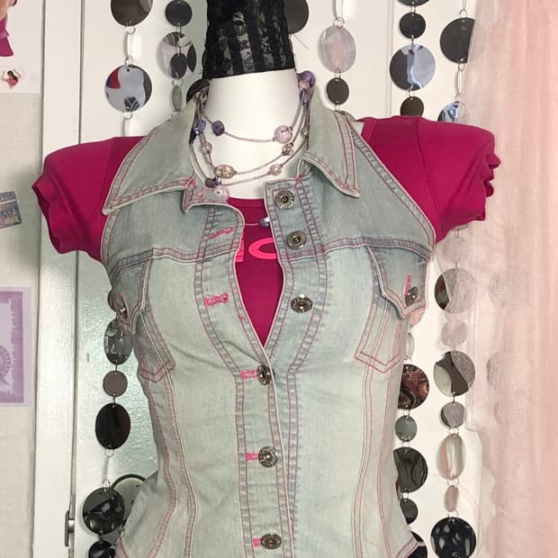 pink stitched denim vest