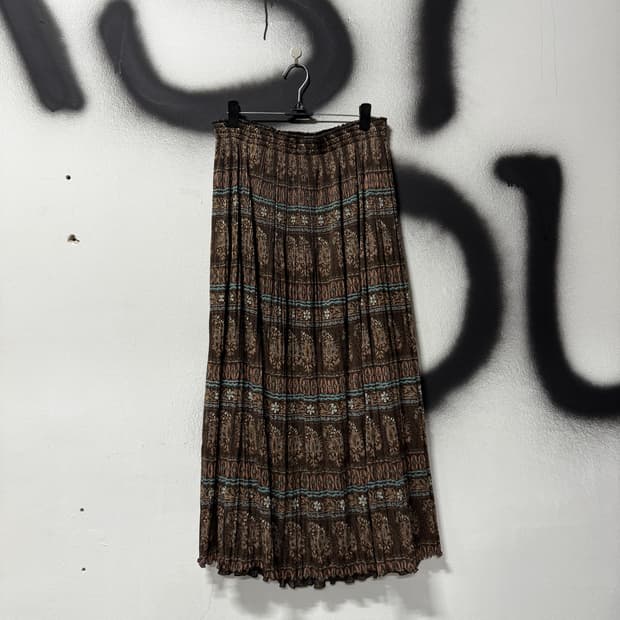 VTG 빈티지 히피 에스닉 스타일 풀 패턴 플리츠 롱 스커트