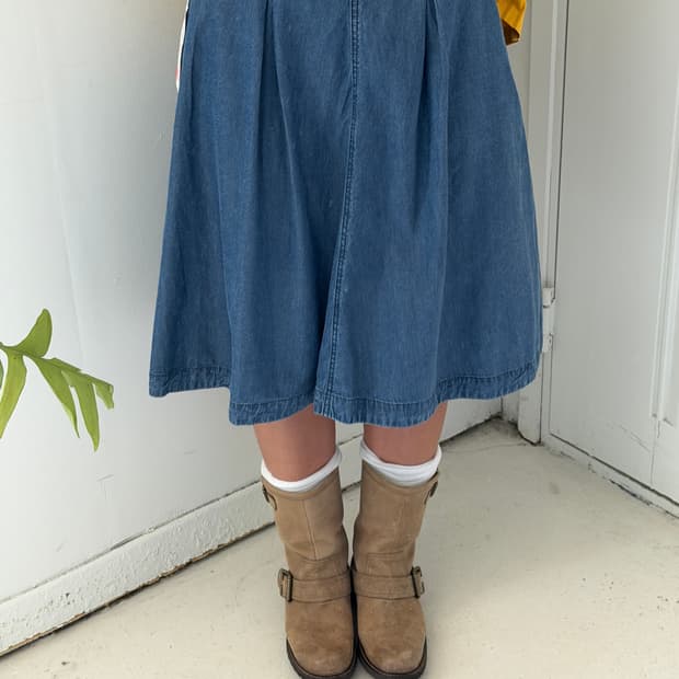 일본빈티지 데님 핀턱 미디스커트