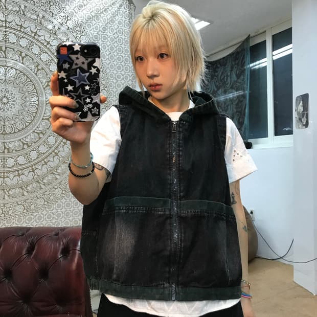 빈티지 흑청 데님 베스트 자켓 