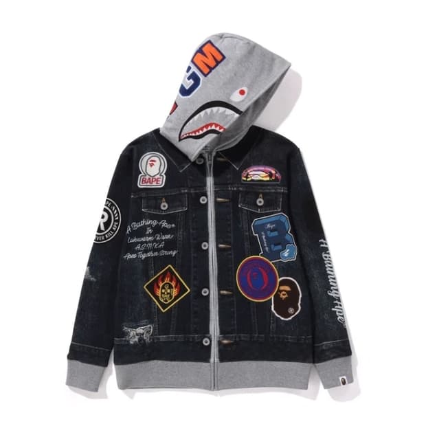 베이프 정품 주니어 160 샤크 베이프 엠블럼 데님 프린트 샤크후드