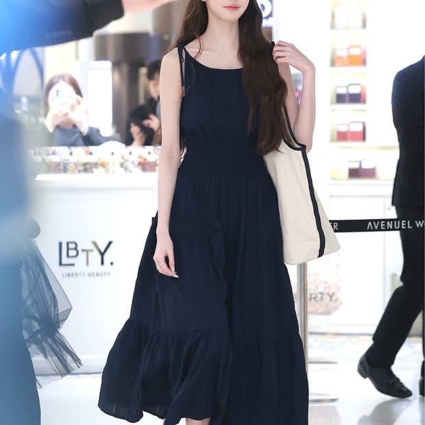 타미힐피거 시어서커 슬리브리스 미디 드레스 장원영 원피스