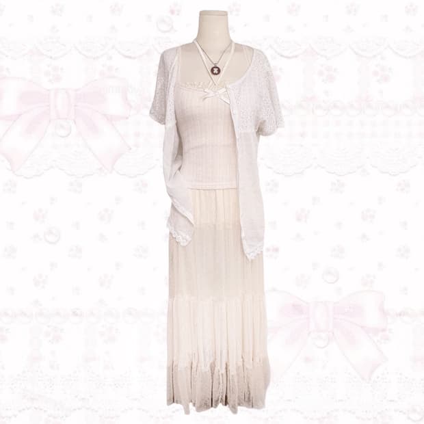 빈티지 크루 생화이트 페어리 시스루 4단 포인트 레이스 디테일 코디세트 