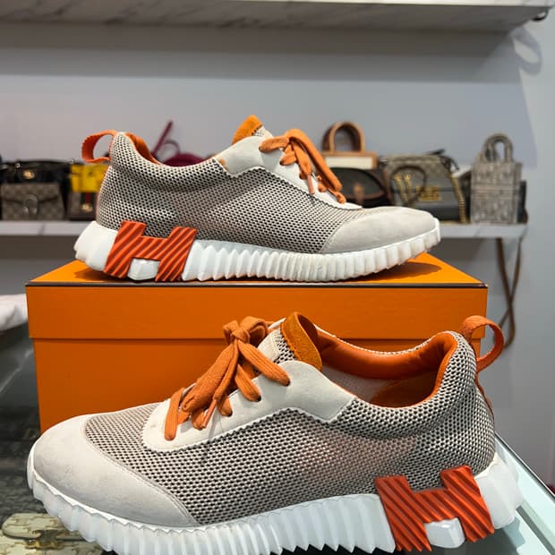 (41) 에르메스 바운싱 메쉬 스웨이드 베이지 오렌지 스니커즈