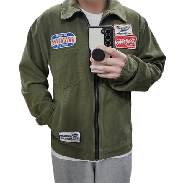 L 100) 패치 빈티지 블루종 카키